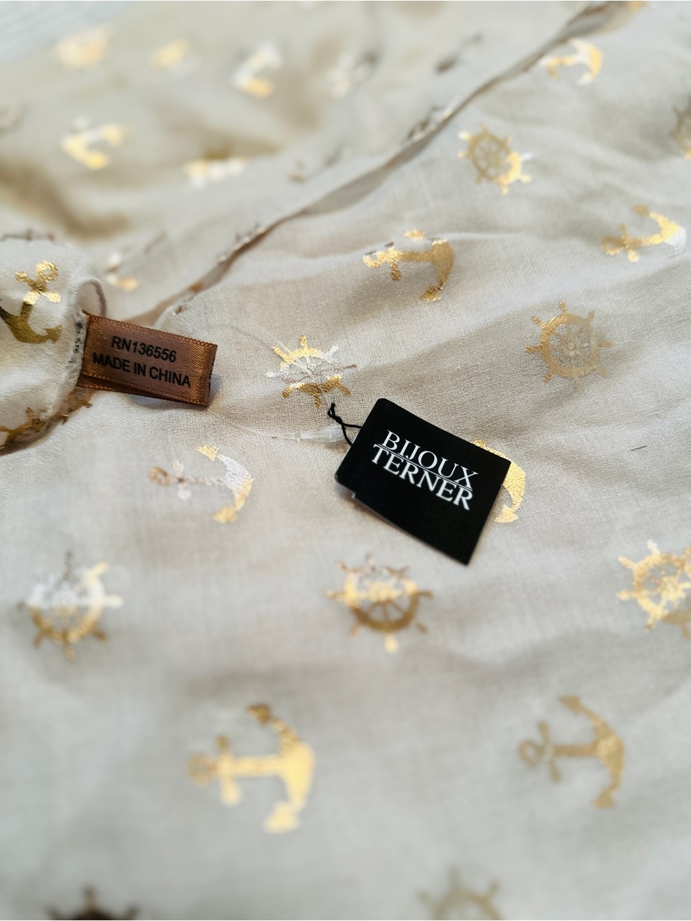 NEW Bijoux Terner Cream Scarf Metallic Gold Nautical Ship Wheels Anchors Gift